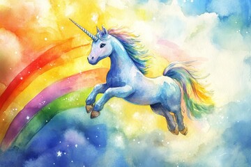 Fototapeta premium beautifull illustration children book cover with a blue unicorn jumping over rainbow, watercolor and pencil