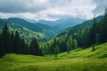 Fototapeta premium Green valley landscape with lush meadows, misty mountains and cloudy sky