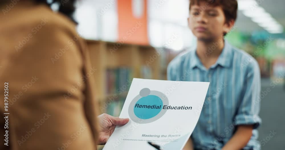 Poster education, child and teacher with questions, library and help for boy with learning disability in ma