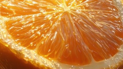 Close-up of a vibrant orange slice, highlighting its juicy segments and bright texture, perfect for refreshing food or drink imagery.