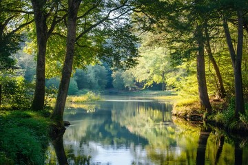 Obraz premium Tranquil Pond in a Lush Green Forest with Sunlight Shining Through the Trees