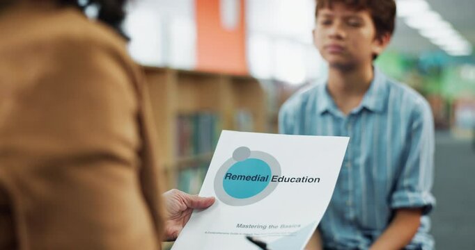 Education, child and teacher with questions, library and help for boy with learning disability in math. School, tutor and kid with answer for academic performance of youth, growth and development