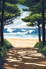 Poster in a retro vector style a long beach seen from the ground under pine trees the sea behind with big waves hossegor in france 