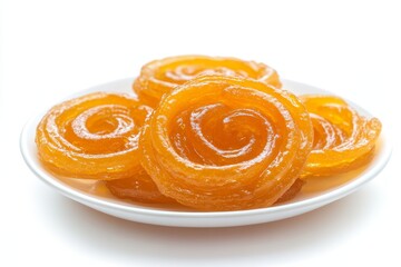 Jalebi, a sweet, drops on a plate against an isolated white background.