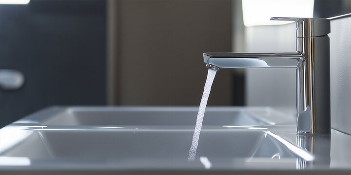 Flowing water from modern faucet in kitchen, symbolizing conservation, sustainability, overconsumption concept