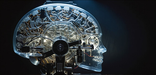 Illustrative representation of a technical and artificial human head and brain, artificial intelligence and machine learning