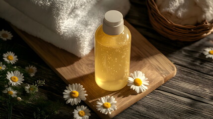 Bottle of shampoo designed for sensitive scalp care. Natural cosmetics made from chamomile extract and flowers. Yellow color gel, white towels, top view on wooden table