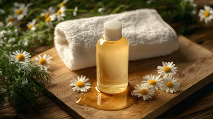 Bottle of shampoo designed for sensitive scalp care. Natural cosmetics made from chamomile extract and flowers. Yellow color gel, white towels, top view on wooden table