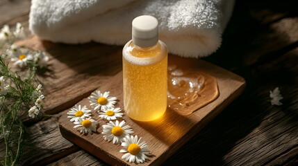 Bottle of shampoo designed for sensitive scalp care. Natural cosmetics made from chamomile extract and flowers. Yellow color gel, white towels, top view on wooden table