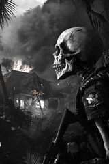 Naklejka premium head skeleton soldier in the jungle, house burning in back ground, cartoon, black and white illustration