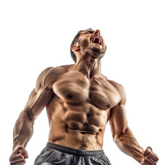 Plakat Athletic man with perfect muscular body is screaming with his head up on white background