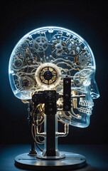 Illustrative representation of a technical and artificial human head and brain, artificial intelligence and machine learning