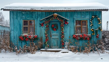 Winter Wonderland Door Decorated with Large Christmas Wreath and Garland