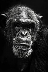 A black and White Dramatic style portrait of a very old albino chimpanzee, angry and threatening, with his teeth clearly visible , dark background