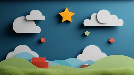 Whimsical 3D paper art landscape with clouds, stars, and hills in vibrant colors on a blue background, evoking childlike wonder and creativity.
