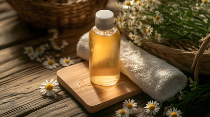 Bottle of shampoo designed for sensitive scalp care. Natural cosmetics made from chamomile extract and flowers. Yellow color gel, white towels, top view on wooden table