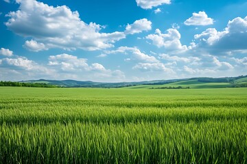 Fototapeta premium Green grass field under a blue sky with white clouds