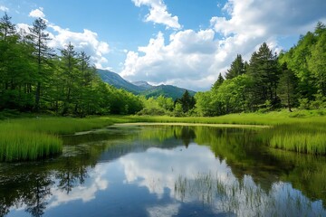 Serene landscape with a still lake surrounded by green trees and mountains under a blue sky with white clouds