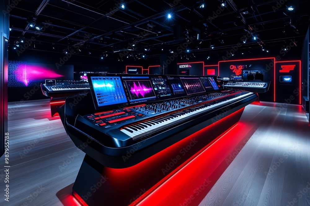 Poster futuristic sound laboratory, where visitors experiment with electronic music creation using advanced