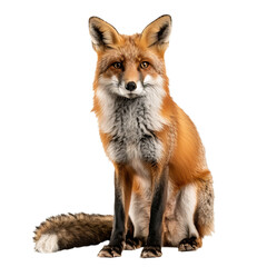 Fototapeta premium Red fox, vulpes vulpes, sitting and looking at camera isolated on white background