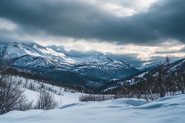Dramatic Winter Landscape with Snowy Mountain Peaks and Cloudy Sky