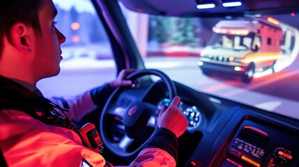 A high-resolution image of ambulance drivers participating in a training program, learning advanced driving techniques in a controlled environment.