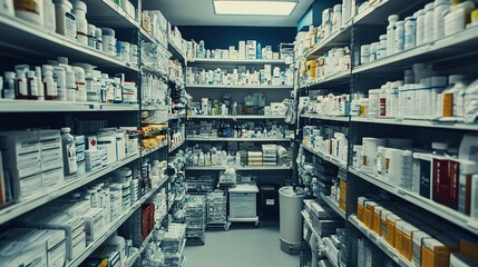 A high-resolution image of a well-organized hospital supply room, stocked with essential medical supplies such as syringes, bandages, and IV fluids.