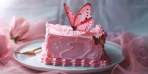 Pink Birthday Cake Decorated with Butterflies