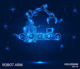 A hologram of a robotic arm. A conveyor with a robotic arm made of polygons, triangles of dots and lines. The robotic arm has a low-poly connection structure. Technology concept vector.