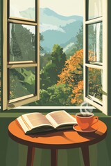 Poster illustration of a book and coffee cup on a table by a window a closeup of an open book and a steaming cup of coffee on a small table with a scenic view of a mountain