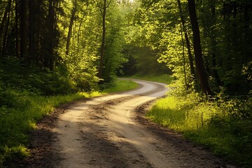 Fototapeta premium Winding forest path with sunlight shining through the trees