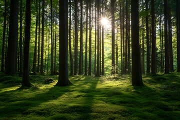 Fototapeta premium Sunlight shining through trees in a forest, green moss on the ground