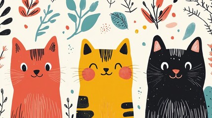 Charming illustration of three cute cats amidst colorful plants, perfect for children's decor and animal lovers.