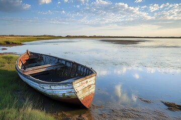 Obraz premium Lonely wooden boat on a lake shore at sunset with beautiful sky, landscape photography