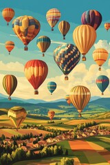 Fototapeta premium Simple shape poster illustration of a vibrant hot air balloon festival a sky filled with colorful hot air balloons of various shapes and sizes