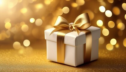 New Year, Christmas White Gift Box on Gold Background 
