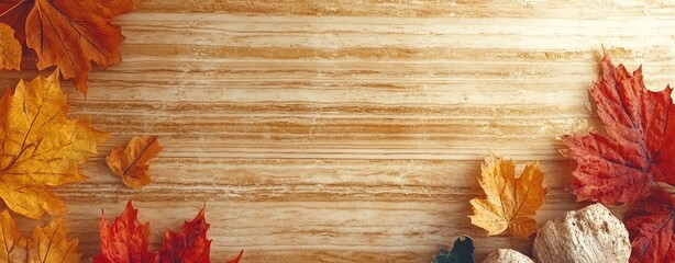 autumn leaves on wood background, gold and brown tone copy space, product display board for clothing and cosmetics, electronics, web banner and poster element