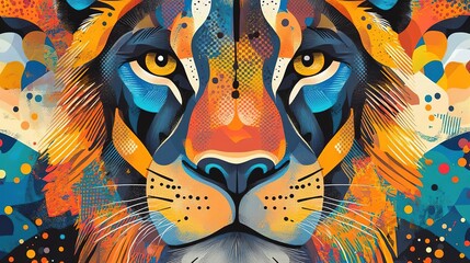 Fototapeta premium Vibrant digital artwork of a lion's face with striking colors and bold patterns, showcasing the beauty of wildlife.
