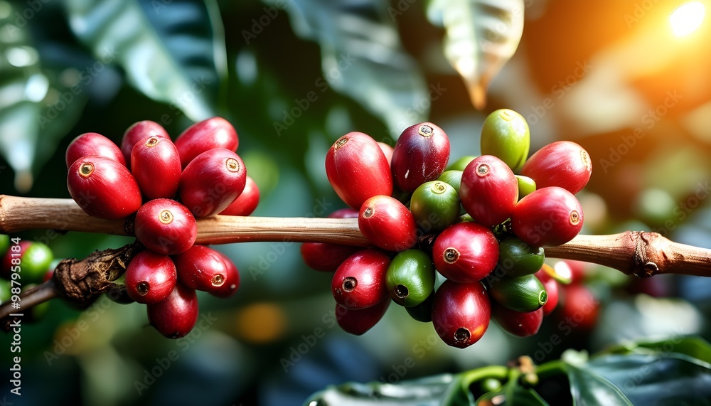 Sticker Sunlit Red Coffee Beans on Branch Highlighting the Beauty of Coffee Cultivation