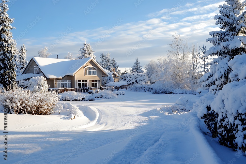 Wall mural Snowy winter landscape with house, trees, and blue sky. Winter wonderland, snow, Christmas, cozy home, rural setting.