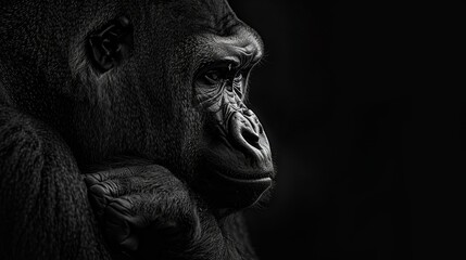 Portrait of a gorilla presented in monochrome black and white deep photography