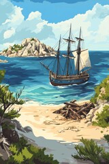 vector poster illustration of desert island landscape with an ocean and blue sea in the background