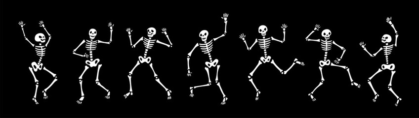 Skeleton dance. Funny Halloween skull and bones. Creepy death characters in dynamic poses. Trick or treat holiday. Corpse dancer. Monster disco party. Skeletal body. Garish vector set