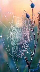 Close-up of a spider web on a plant, covered in dew drops. The web is illuminated by soft, natural light, highlighting the intricate patterns and delicate structure. The background is a gradient of ou