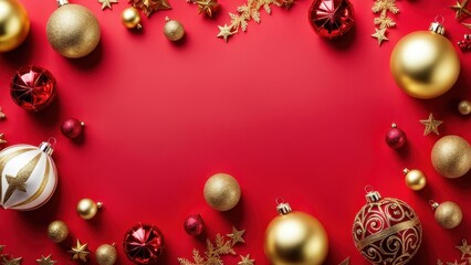 Festive arrangement of Christmas ornaments on a red background for holiday decoration.