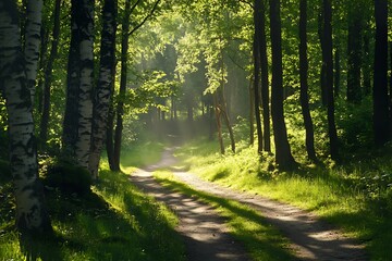 Obraz premium Sunbeams through trees in forest, path leading into woods, green foliage, natural light, summer, nature photography