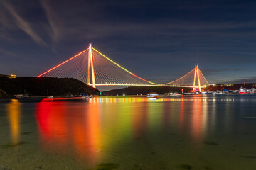 Yavuz Sultan Selim Bridge in Istanbul, Turkey in evening illumination. 3rd Bosphorus Bridge night view from Poyraz.