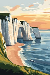 Poster illustration of the dramatic cliffs of Etretat in Normandy with the iconic white chalk cliffs and natural arches depicted at sunset with the warm light casting long shadows