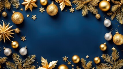 Festive arrangement of gold and silver ornaments on a blue background for holiday decoration.