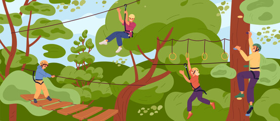 Happy people in rope adventure park. Active family leisure. Boys and girls climbing on trees. Children overcoming obstacles. Extreme sport. Cord ladder attractions. Garish vector concept © VectorBum
